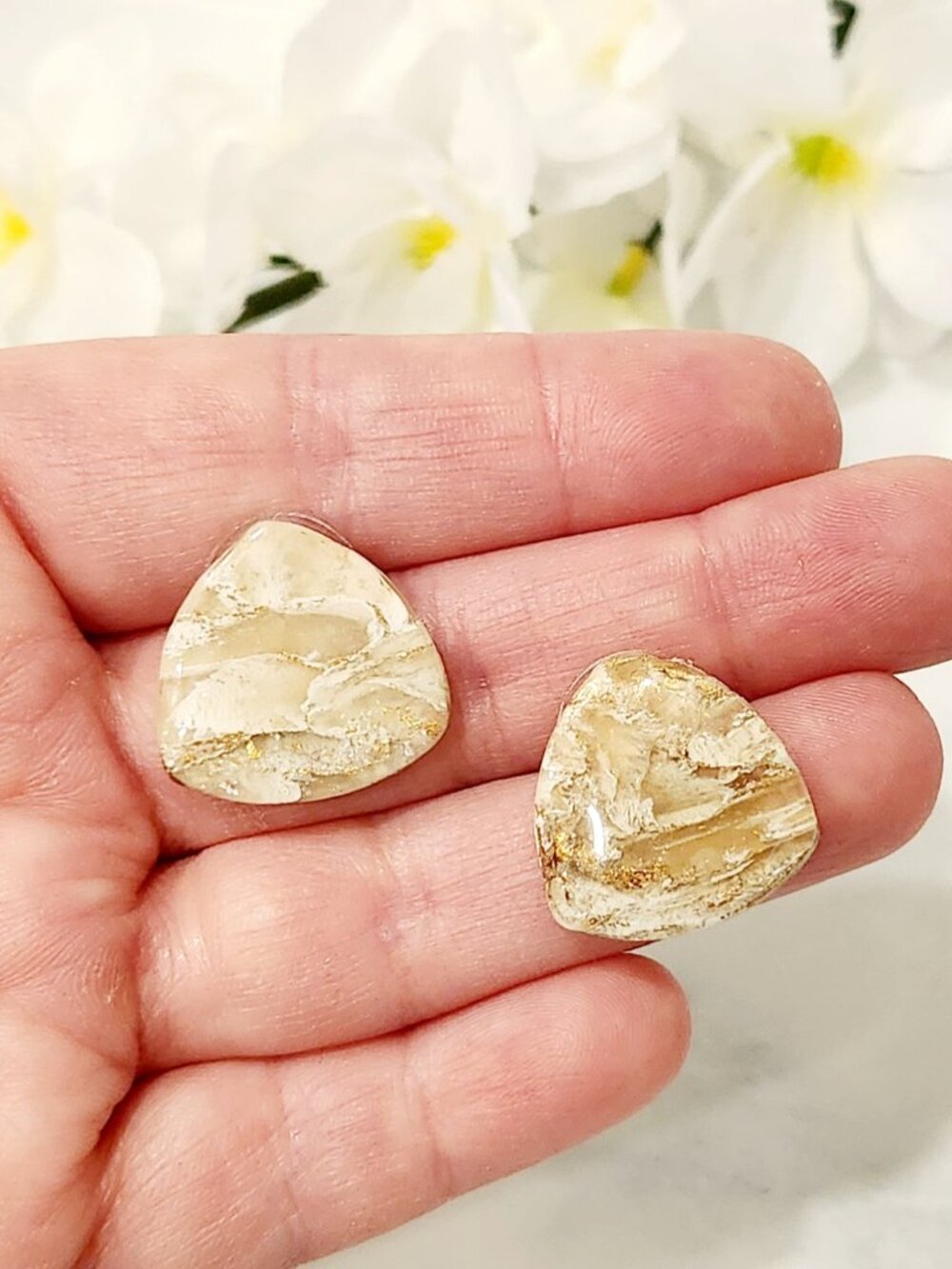 Handmade Beige & Gold Marbled Triangle Stud Earrings